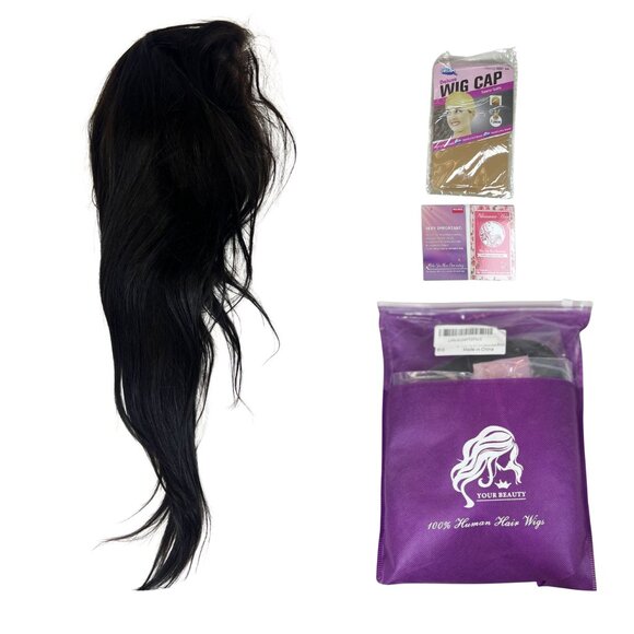 13x6 Lace Front Wig 20" Human Hair Straight Wig 180% Density Black - Picture 1 of 4